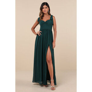Lulus Radiant Charisma Emerald Chiffon Ruched Tie-strap Maxi Dress Green